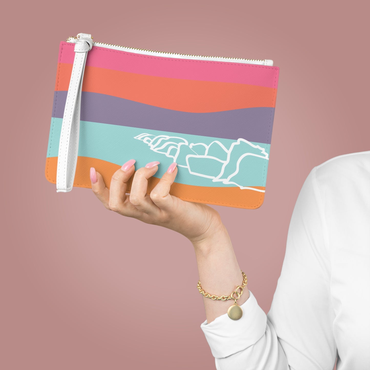 Clutch Bag - Beach Motif 感恩 Wristlet Handbag with Melon Orange Back