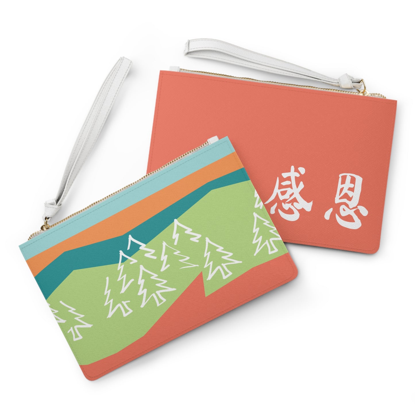Clutch Bag - Forest Motif ζζ© Wristlet Handbag with Coral Pink-Orange Back