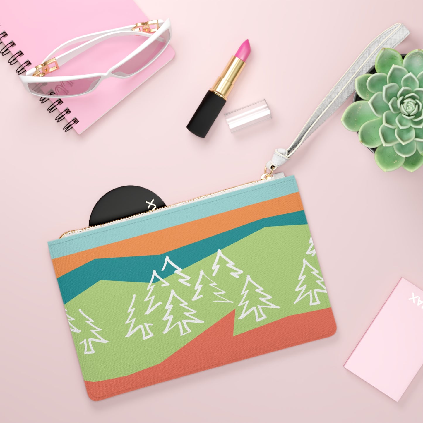 Clutch Bag - Forest Motif ζζ© Wristlet Handbag with Coral Pink-Orange Back