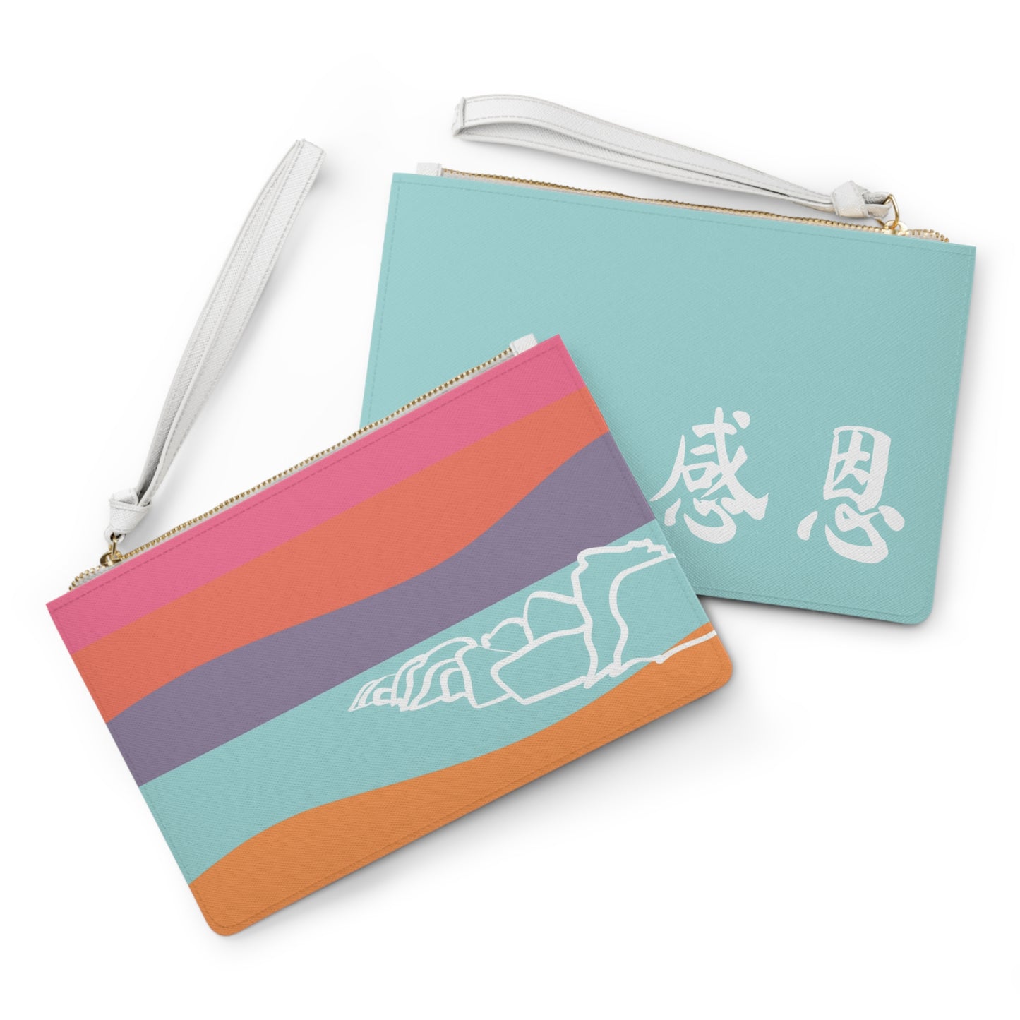 Clutch Bag - Beach Motif 感恩 Wristlet Handbag with Mint Blue Back