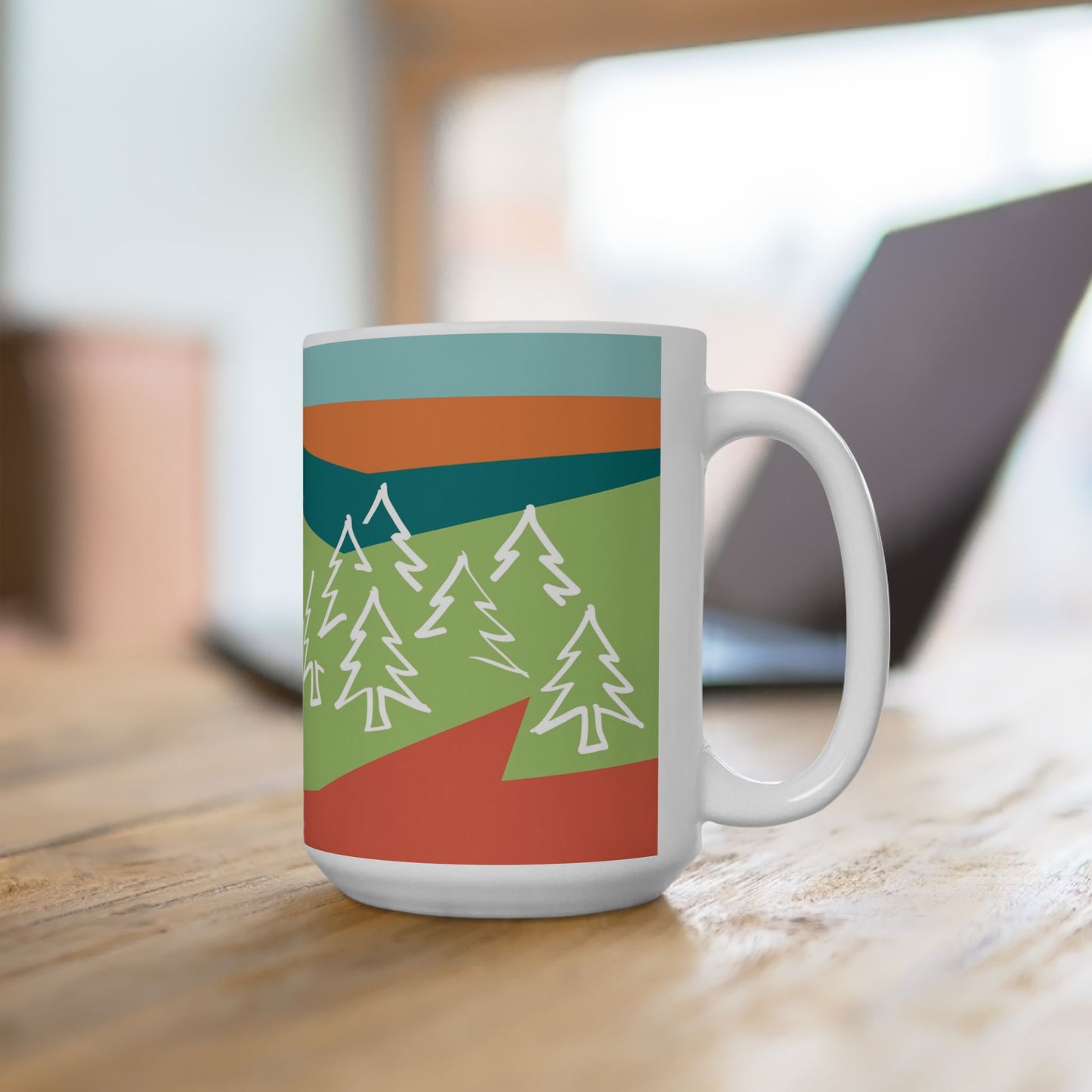 Ceramic Mug - Forest Motif Steeped in 感恩 Hand-Drawn Colour-Blocked