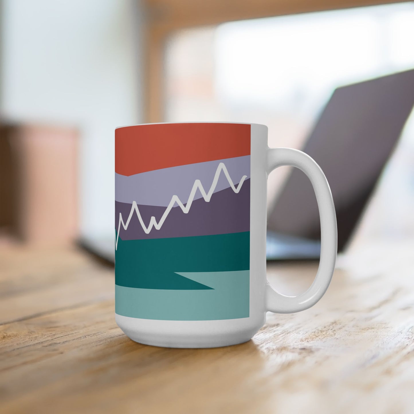 Ceramic Mug - Mountain Motif Steeped in 感恩 Hand-Drawn Colour-Blocked