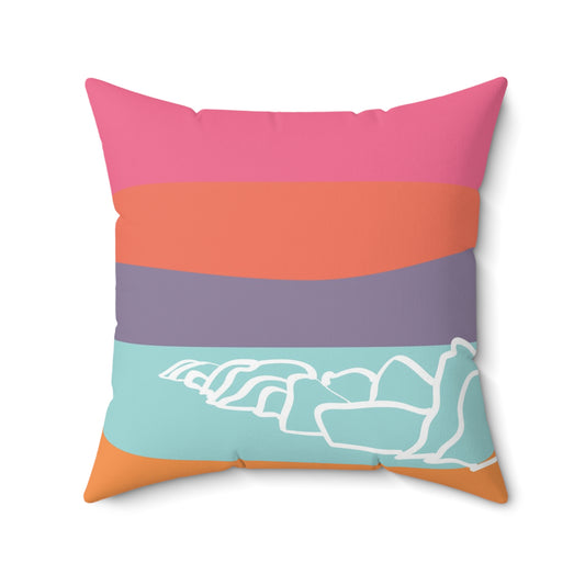 Square Pillow - Beach 感恩 Throw Pillow with Solid Petal Pink Back