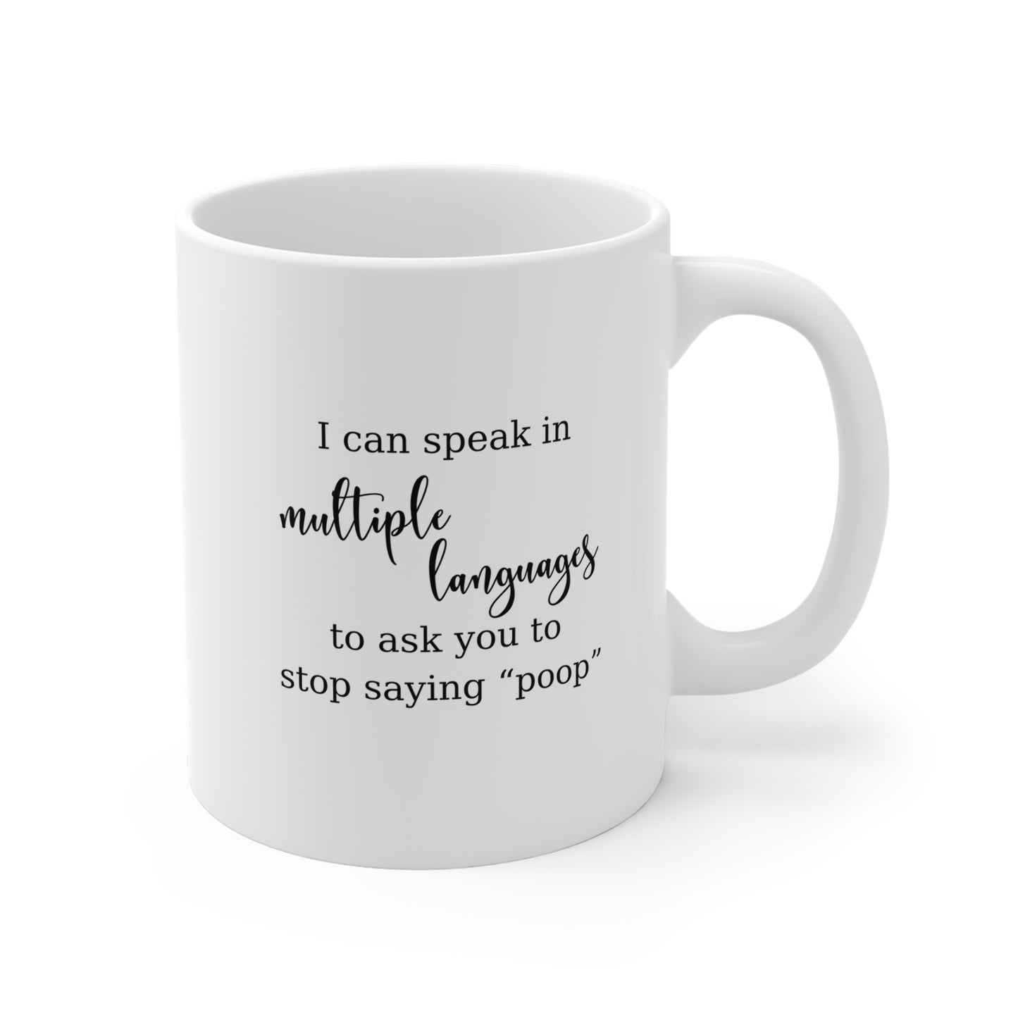 Stop Saying Poop Funny Multilingual Family Mug in Peach, Canadian made