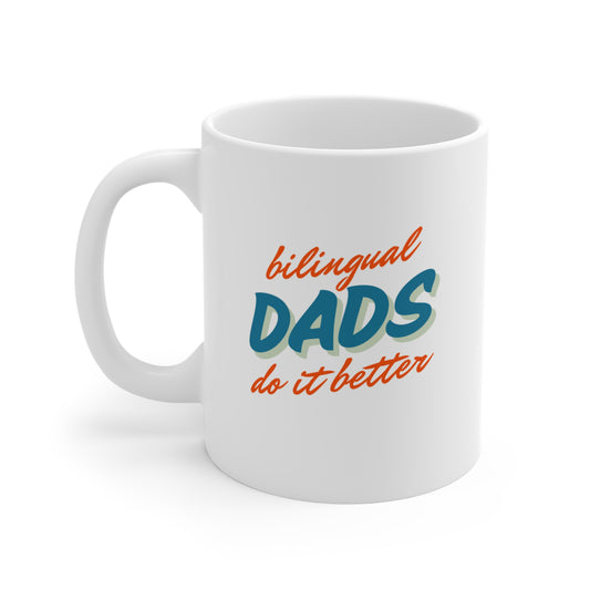 Dad Jokes Funny Bilingual Dad Coffee Mug in Blue and Orange, Made in Canada