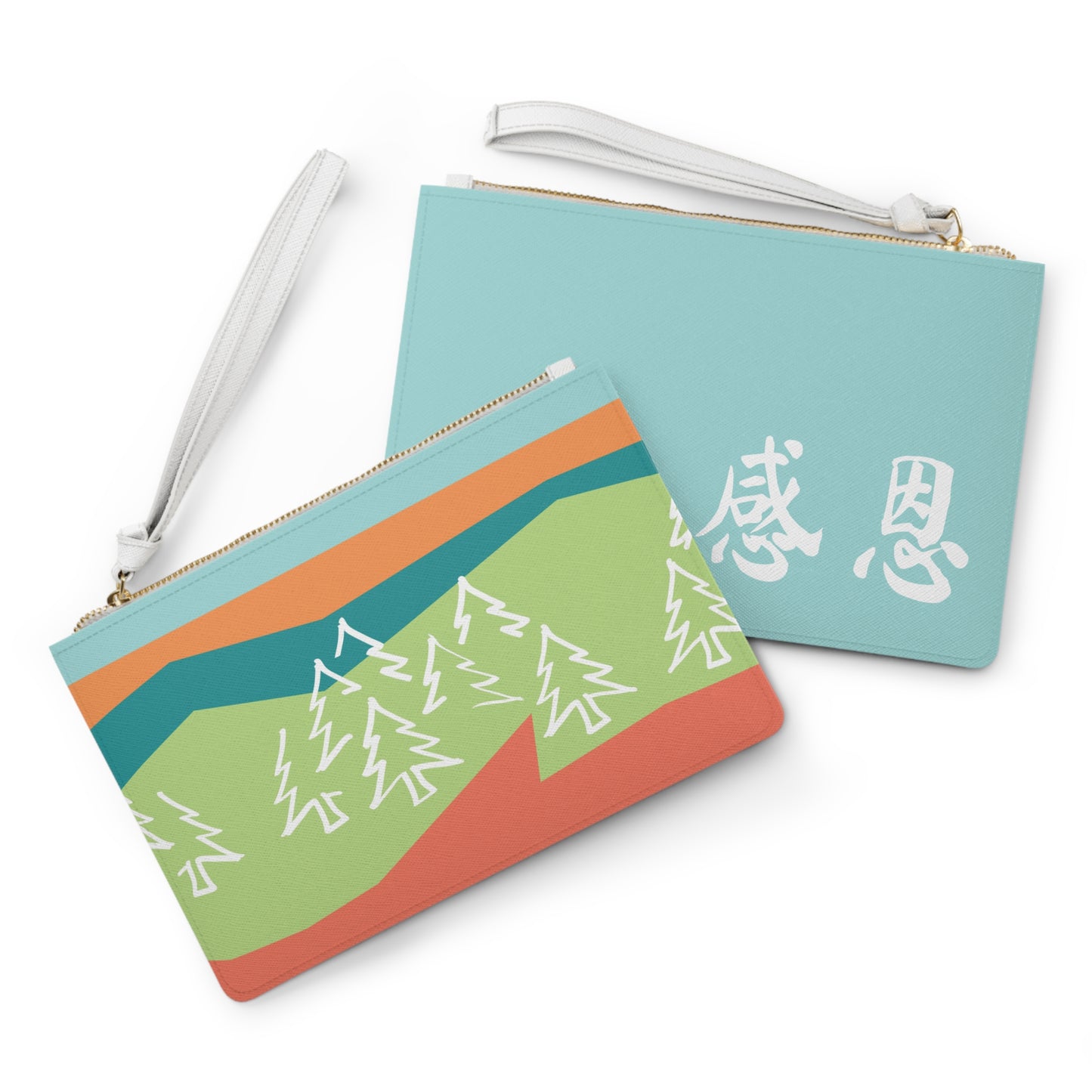 Clutch Bag - Forest Motif 感恩 Wristlet Handbag with Mint Blue Back