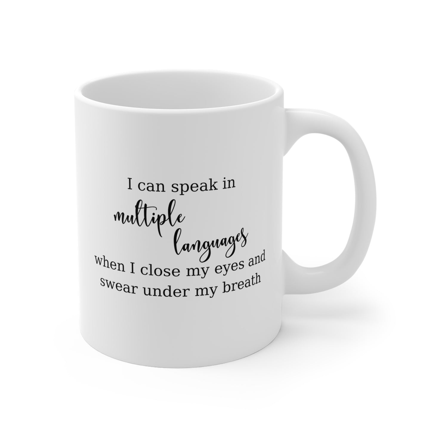 Swearing Quietly Funny Multilingual Family Coffee Mug in Purple, Canadian made