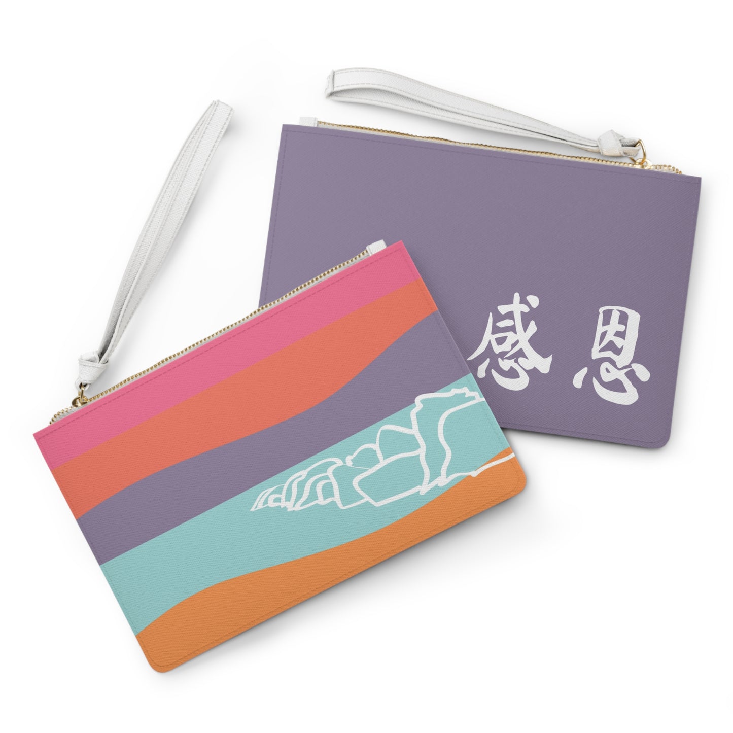 Clutch Bag - Beach Motif 感恩 Wristlet Handbag with Dusk Purple Back