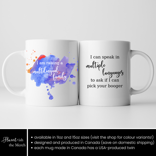 Can I Pick Your Booger? Funny Multilingual Family Mug in Purple, Canadian made