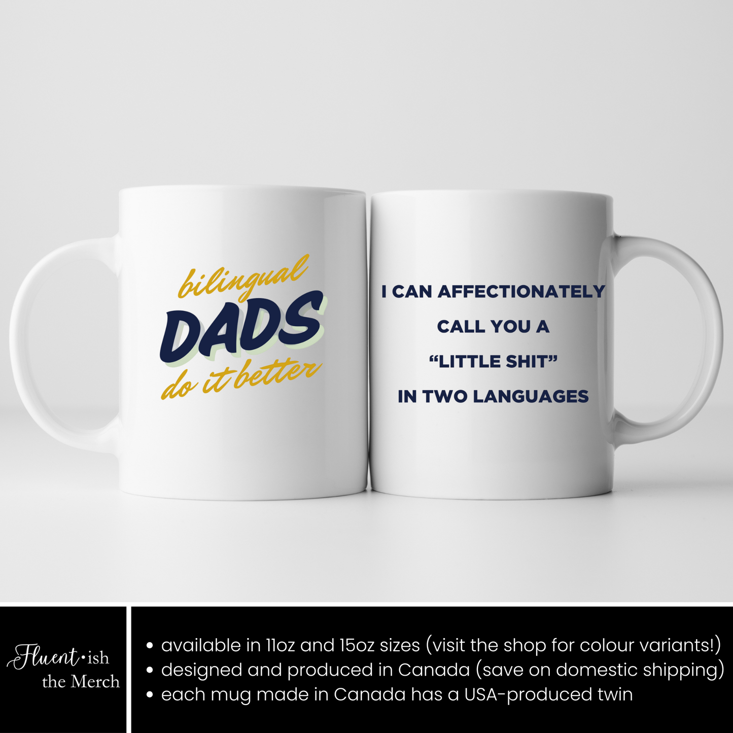 Little Sh*t Funny Bilingual Dad Coffee Mug in Navy and Gold, Made in Canada
