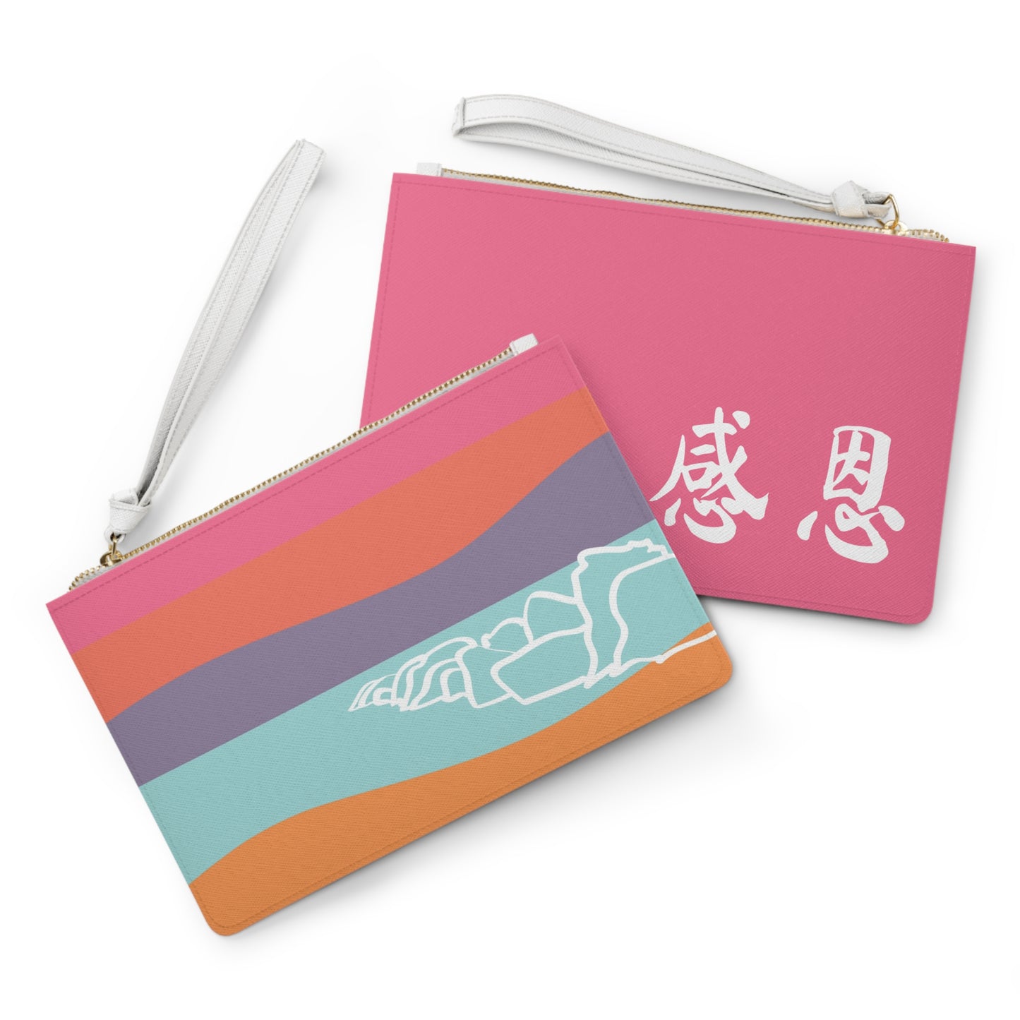 Clutch Bag - Beach Motif 感恩 Wristlet Handbag with Petal Pink Back