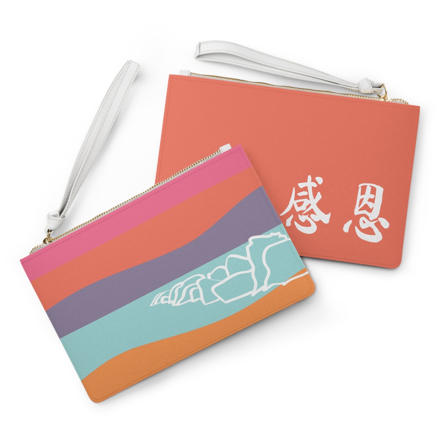 Clutch Bag - Beach Motif 感恩 Wristlet Handbag with Coral Pink-Orange Back