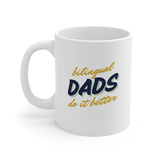 Dad Jokes Funny Bilingual Dad Coffee Mug in Navy and Gold, Made in Canada