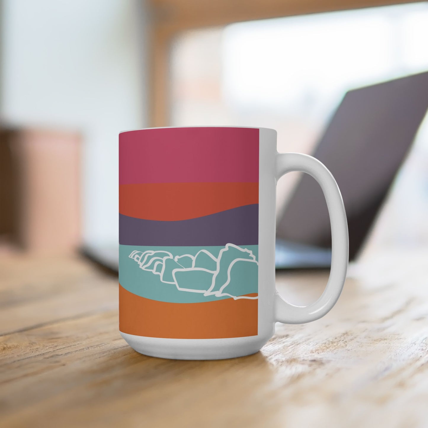 Ceramic Mug - Beach Motif Steeped in 感恩 Hand-Drawn Colour-Blocked