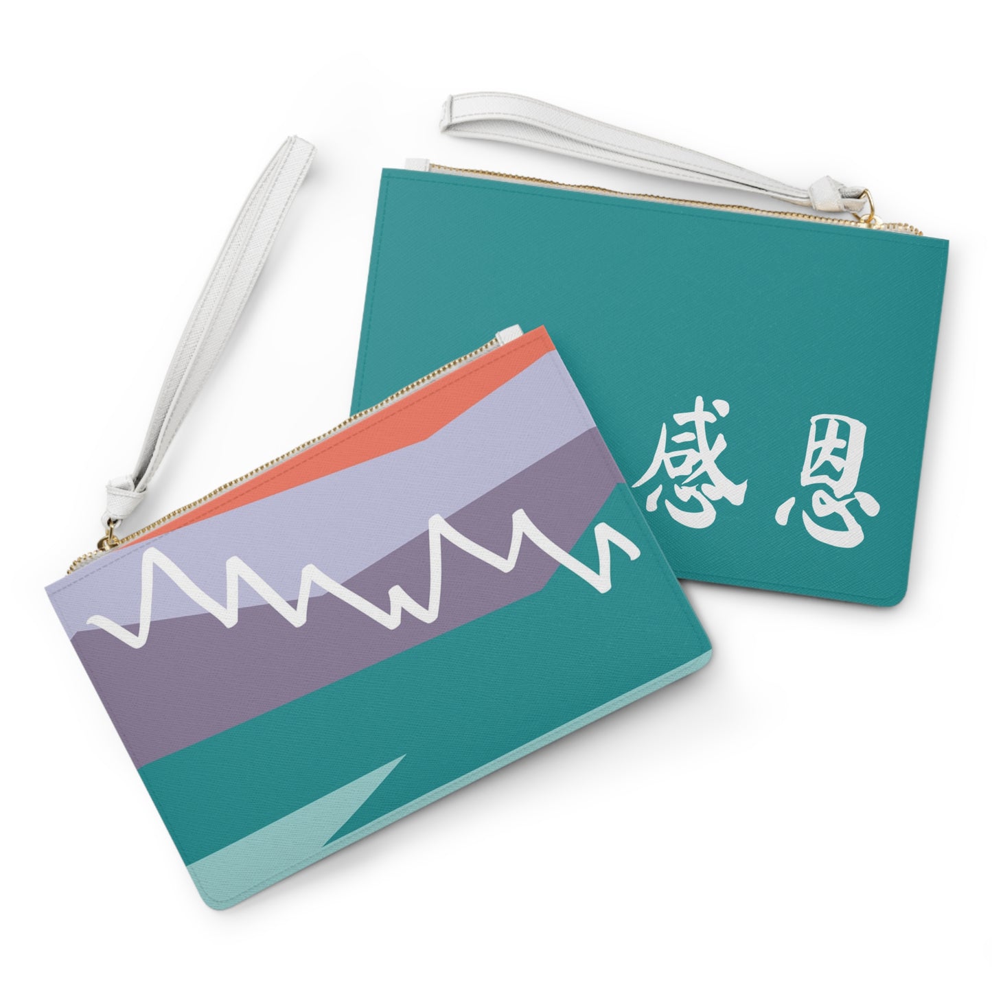 Clutch Bag - Mountain Motif 感恩 Wristlet Handbag with Tropic Teal Back