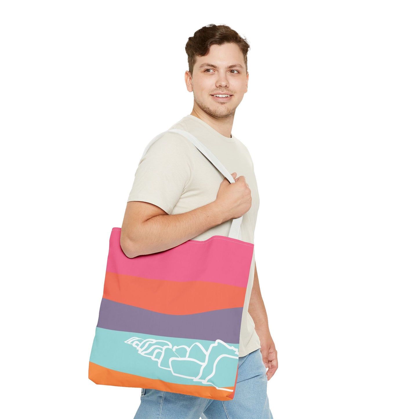 Tote Bag - Beach 感恩 Everyday Carry Bag with Solid Coral Pink-Orange Back