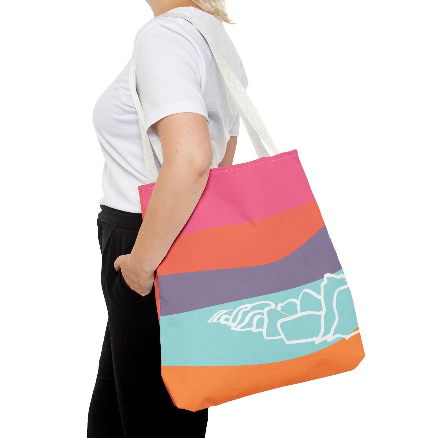 Tote Bag - Beach 感恩 Everyday Carry Bag with Solid Coral Pink-Orange Back