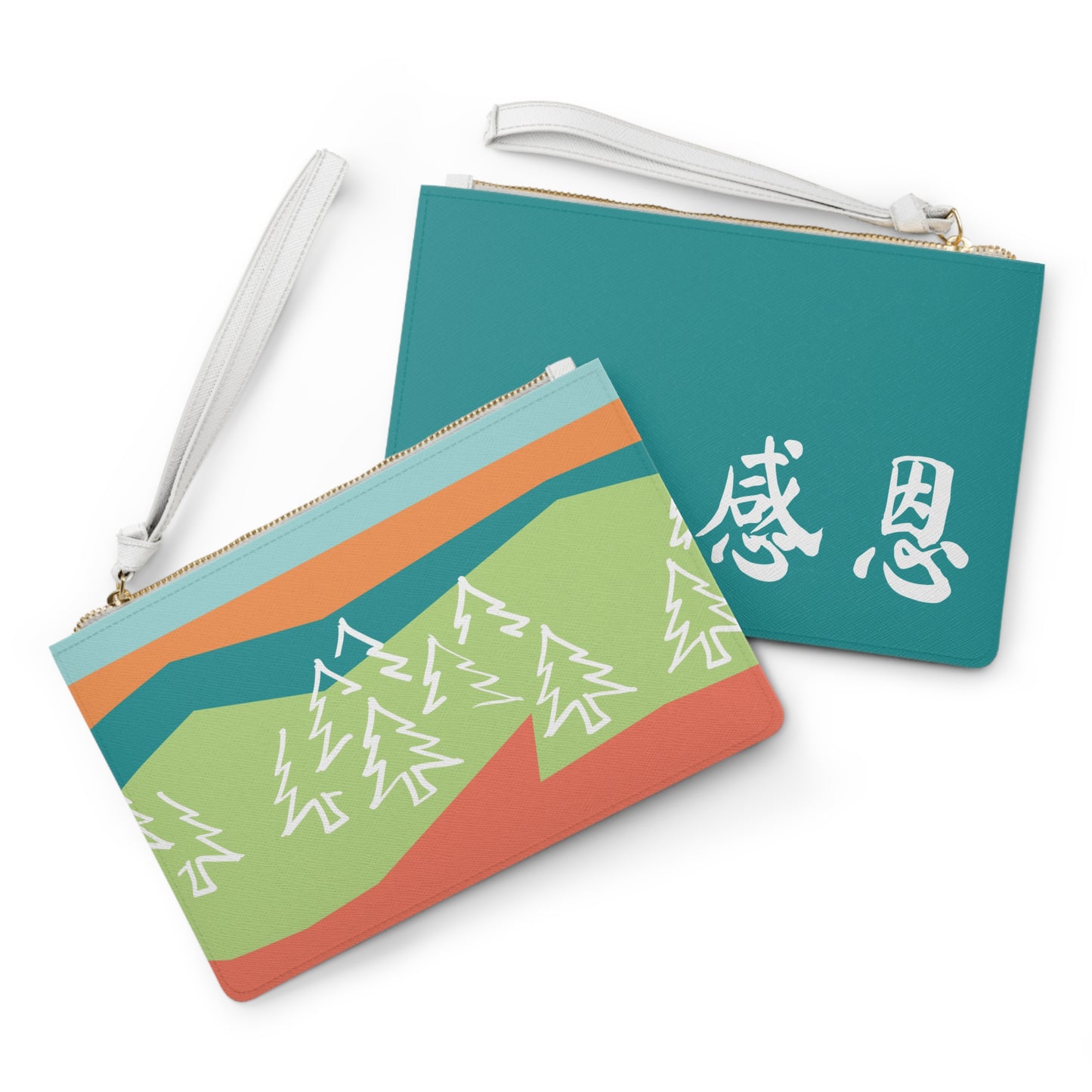 Clutch Bag - Forest Motif 感恩 Wristlet Handbag with Tropic Teal Back