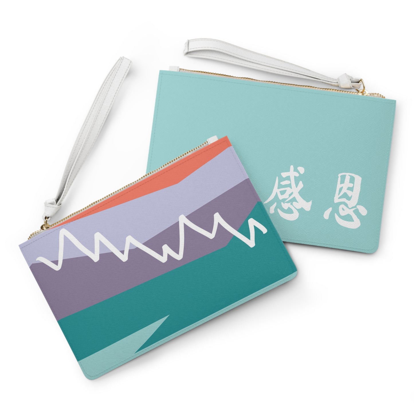 Clutch Bag - Mountain Motif 感恩 Wristlet Handbag with Mint Blue Back