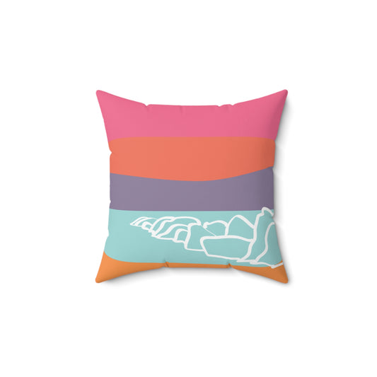 Square Pillow - Beach 感恩 Throw Pillow with Solid Coral Pink-Orange Back