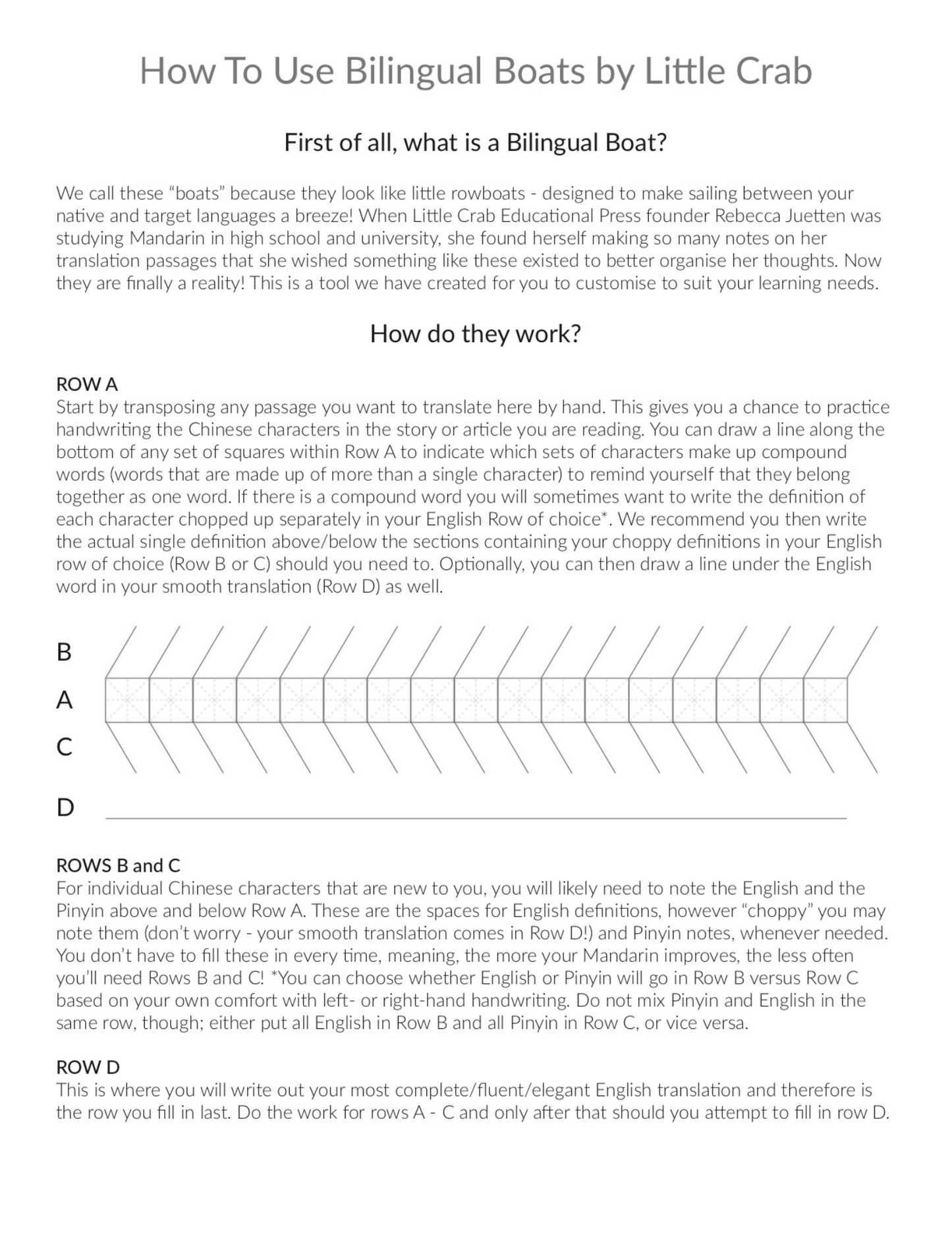 Instructions for Bilingual Boats Character Translation and Reading Comprehension Notebooks by Little Crab Educational Press