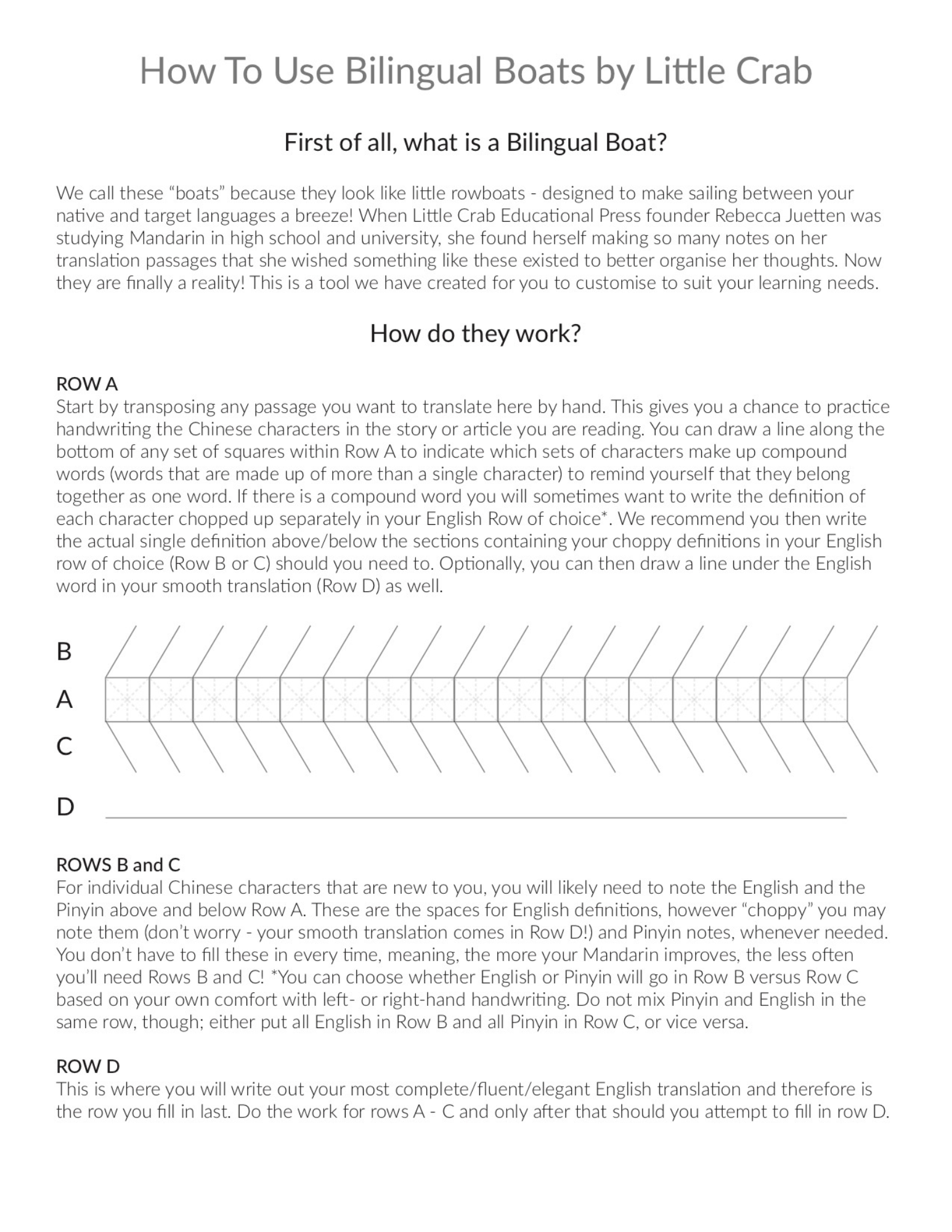 Instructions for Bilingual Boats Character Translation and Reading Comprehension Notebooks by Little Crab Educational Press