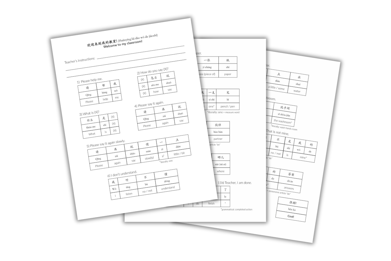 3 page spread of the complete version of digital download bilingual teaching resource "Welcome To My Classroom!"